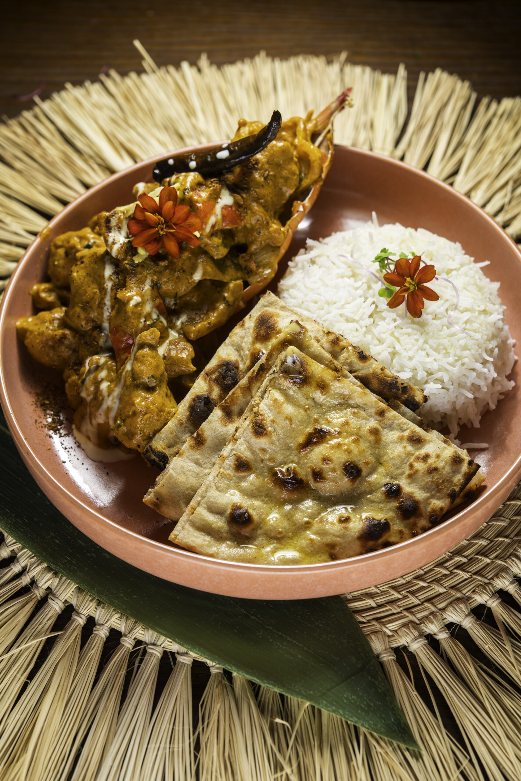 Fish curry with rice and naan