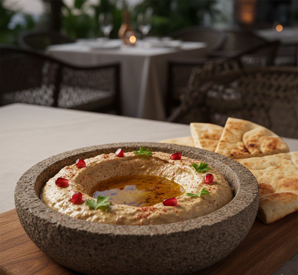 Babaganoush made from smoky roasted eggplant served at Mezzaluna Jamaica