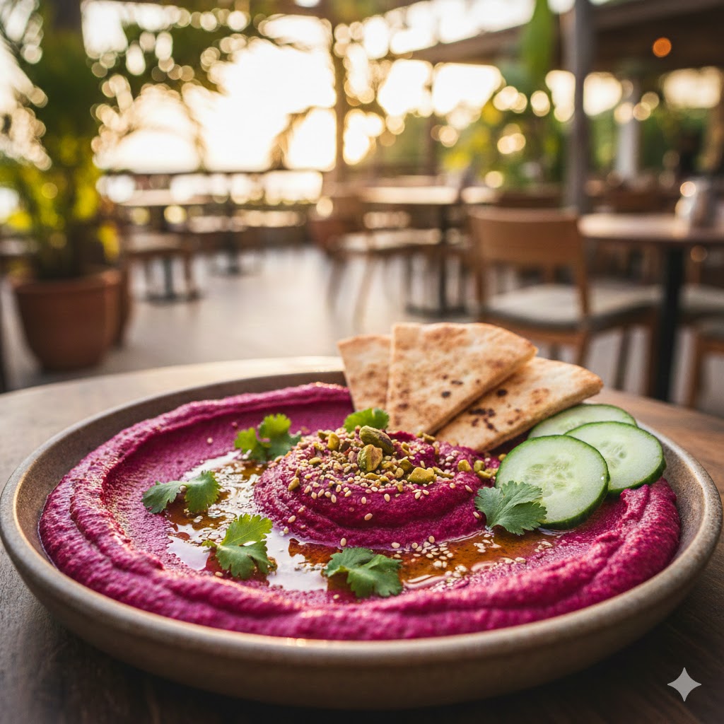 Beetroot hummus with vibrant pink color served at Mezzaluna Jamaica