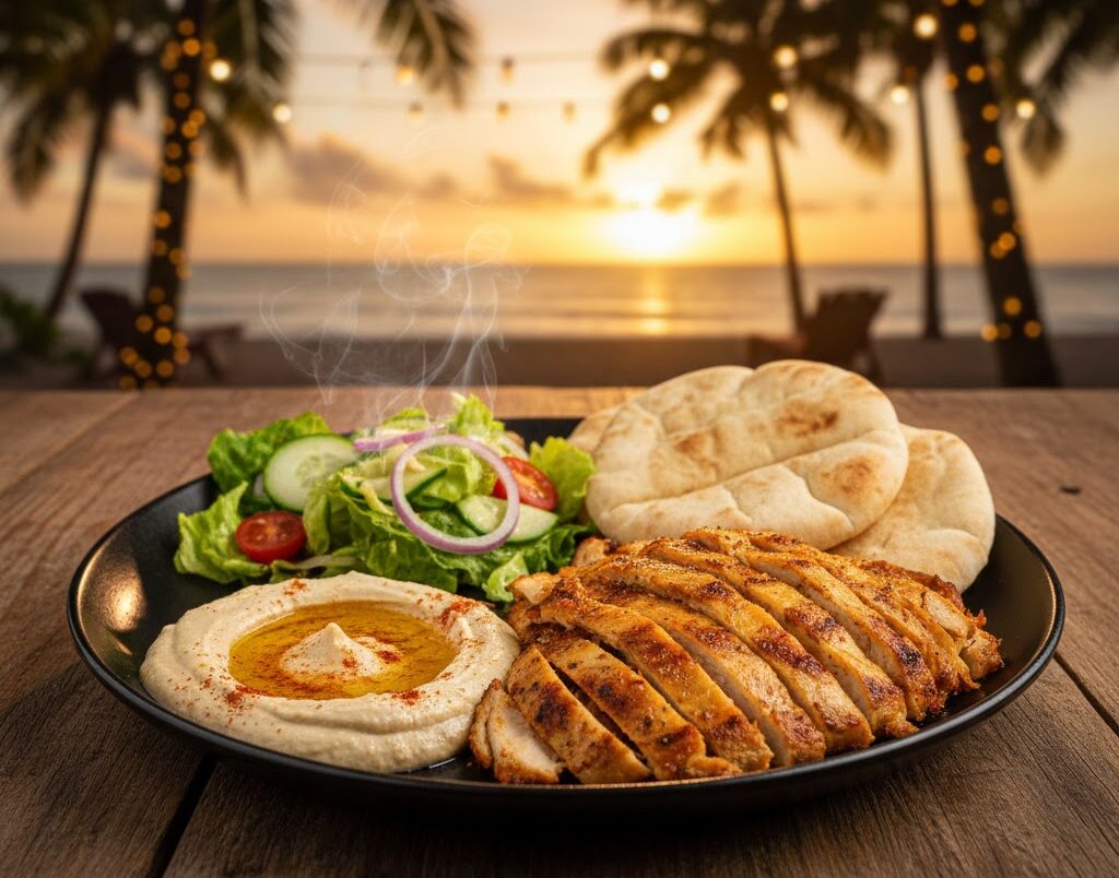Chicken shawarma with pita bread, hummus, and house salad at Mezzaluna Jamaica
