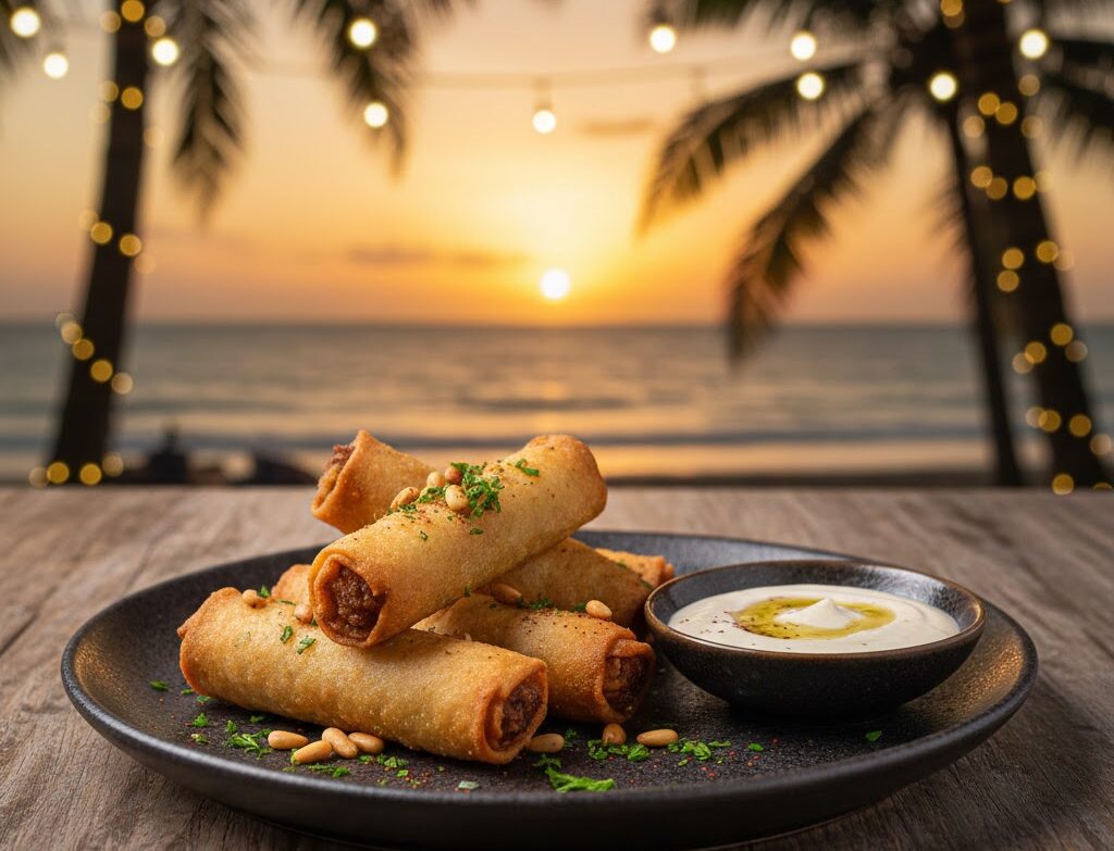 Lamb and pine nut rolls served crispy at Mezzaluna Jamaica
