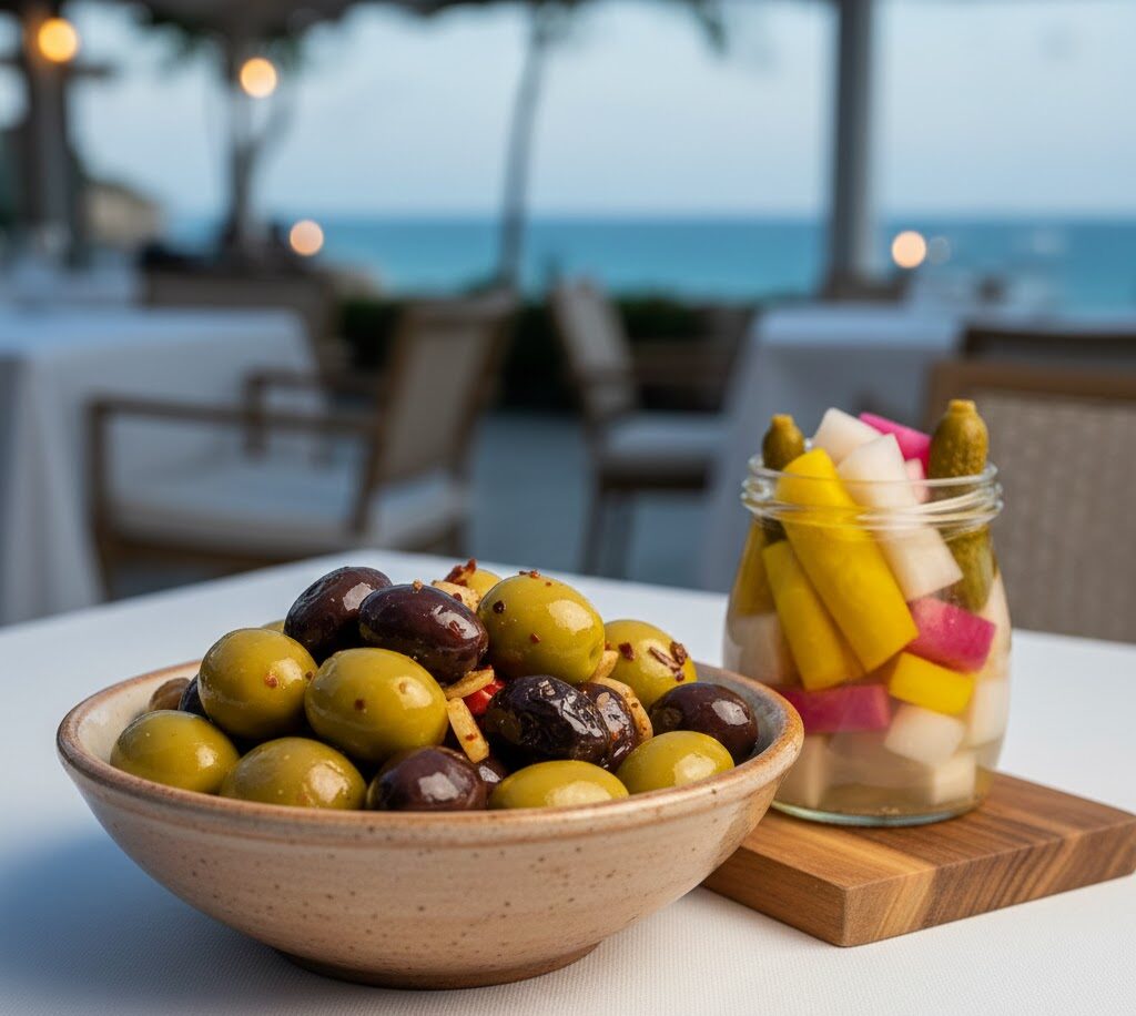 House-seasoned olives and Mediterranean pickles served at Mezzaluna Jamaica