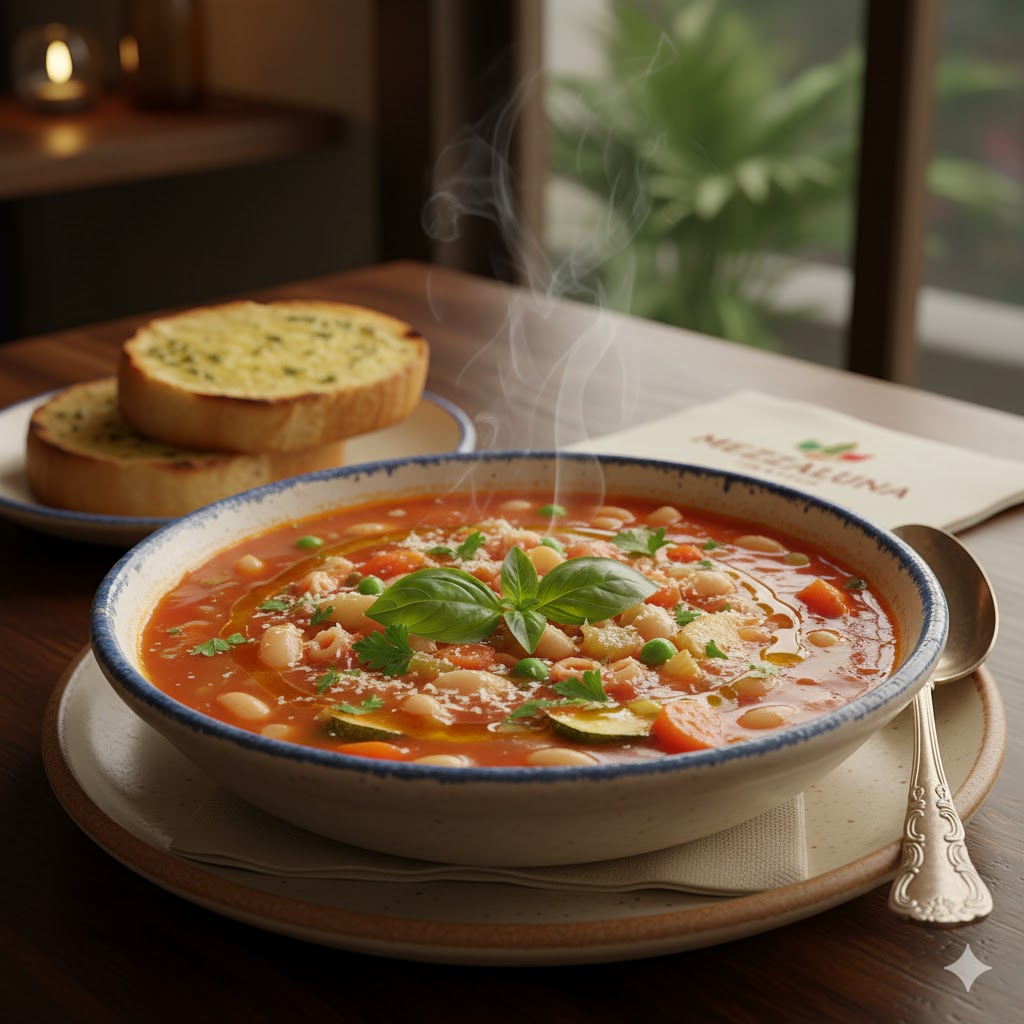 Freshly prepared Minestrone Soup served at Mezzaluna Jamaica restaurant
