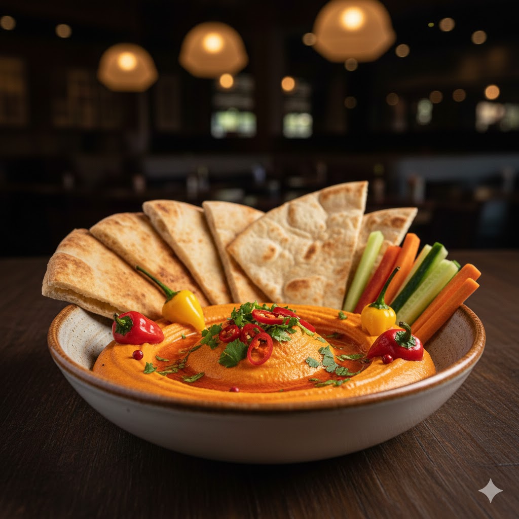 Scotch Bonnet hummus with vibrant color and spicy garnish at Mezzaluna Jamaica