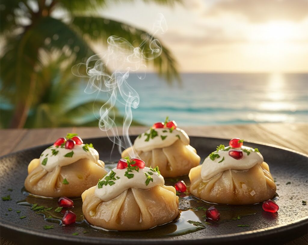 Smoked eggplant dumplings with tahini filling served at Mezzaluna Jamaica