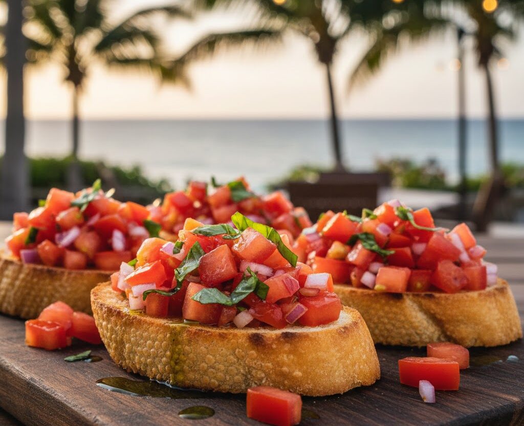 Tomato bruschetta with basil and olive oil on toasted bread
