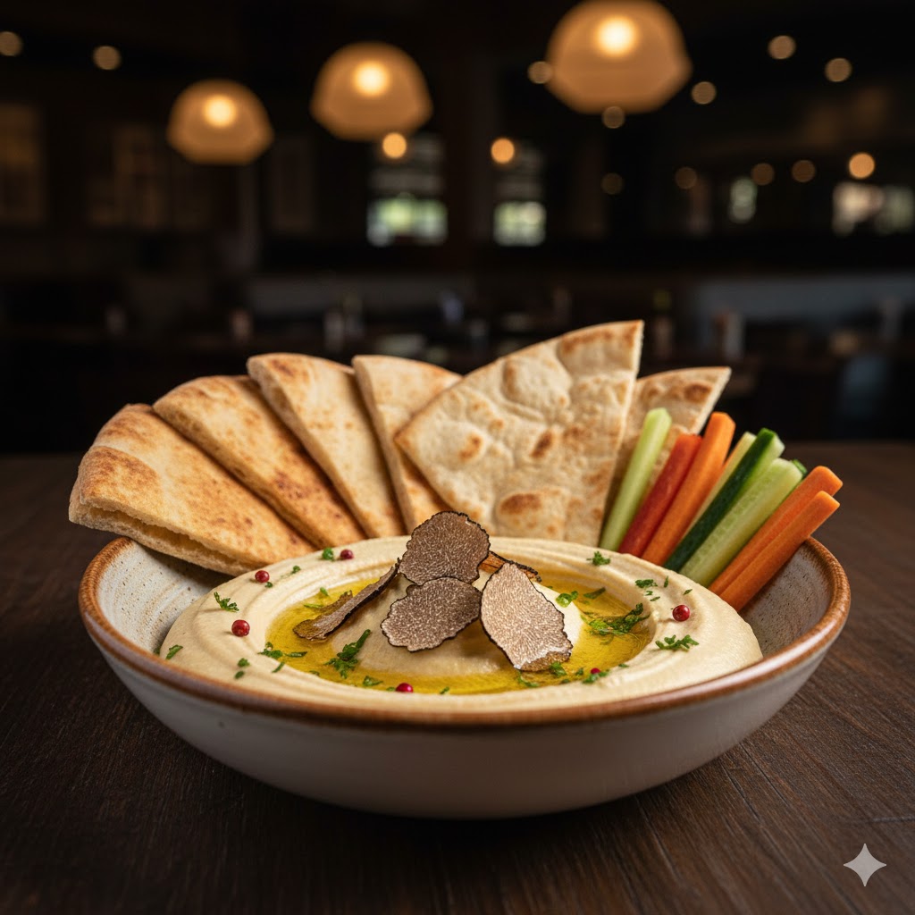 Truffle hummus served elegantly at Mezzaluna Jamaica with rich creamy texture