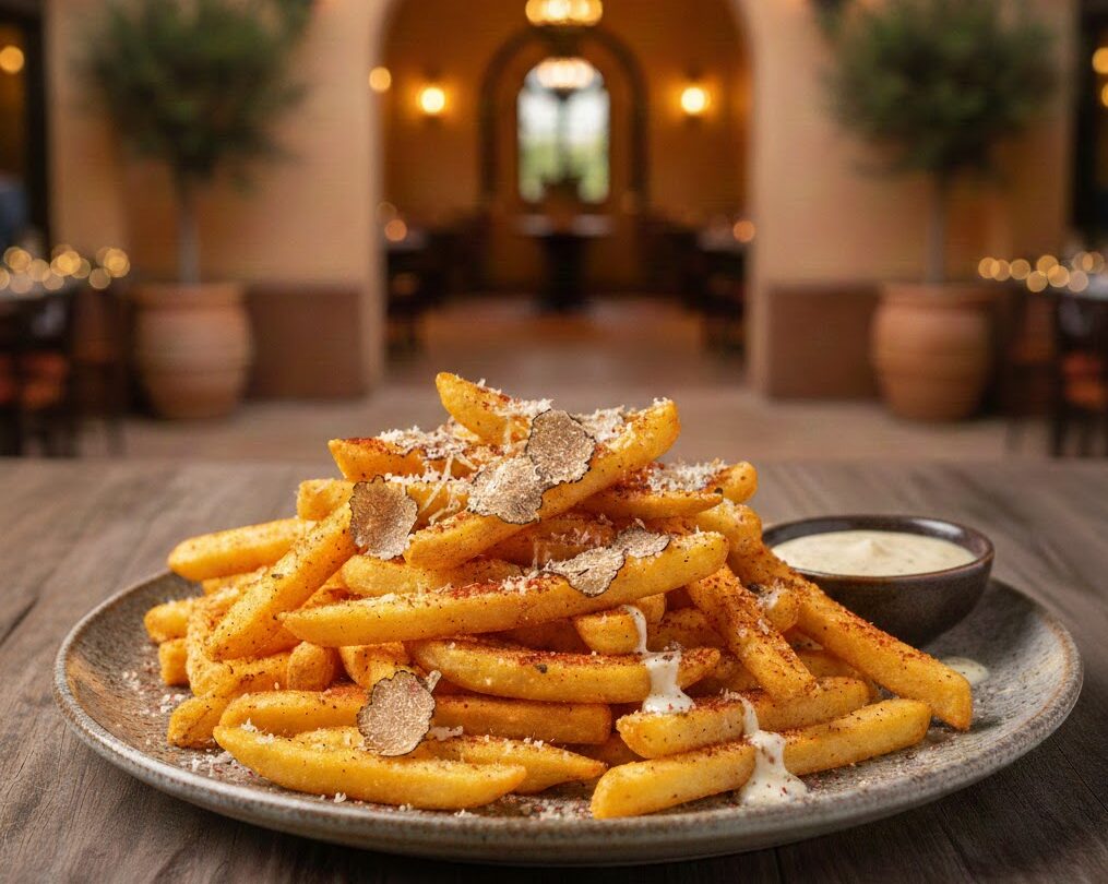 Truffle sumac fries served crispy with seasoning at Mezzaluna Jamaica
