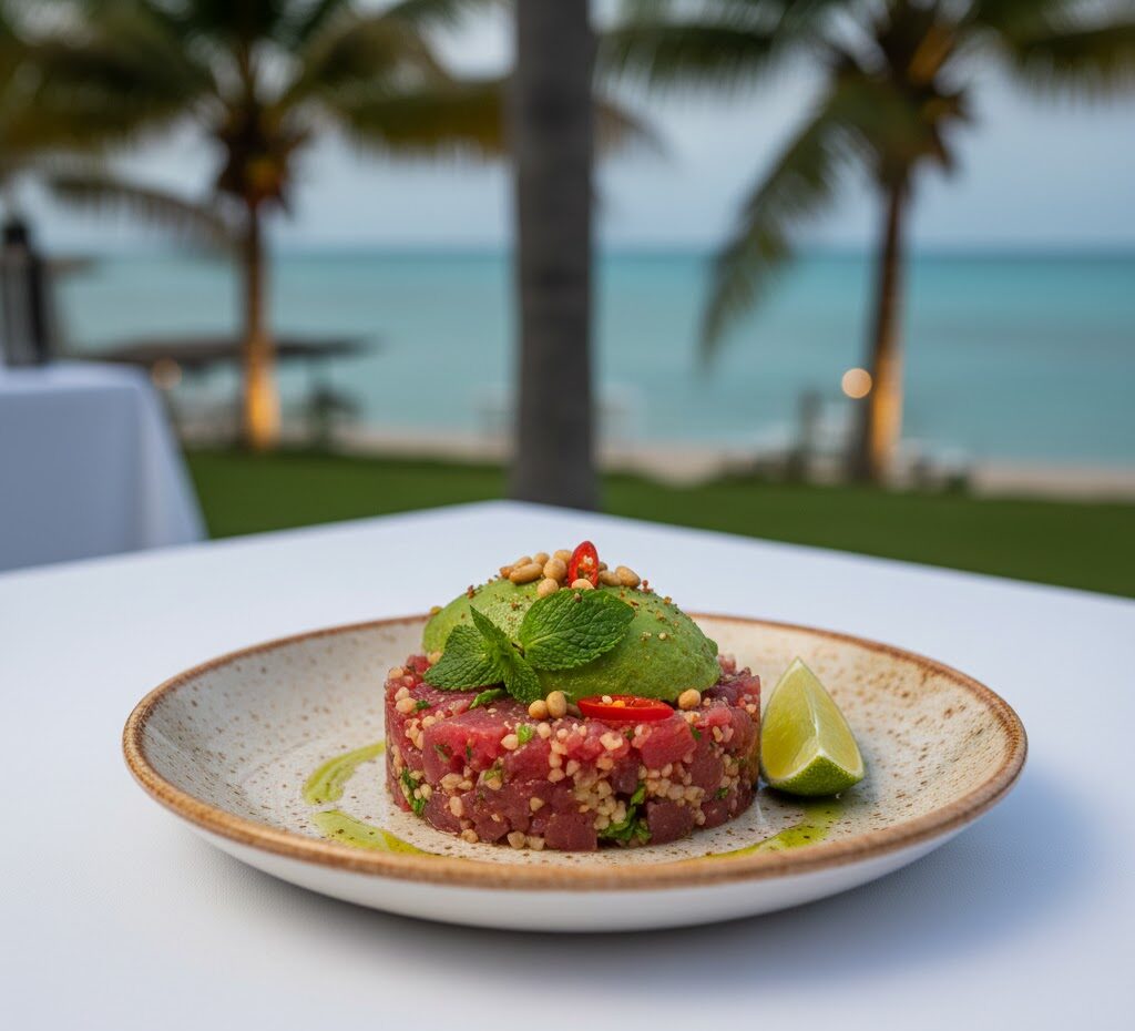 Tuna kibbeh tartare made with fresh tuna and herbs at Mezzaluna Jamaica