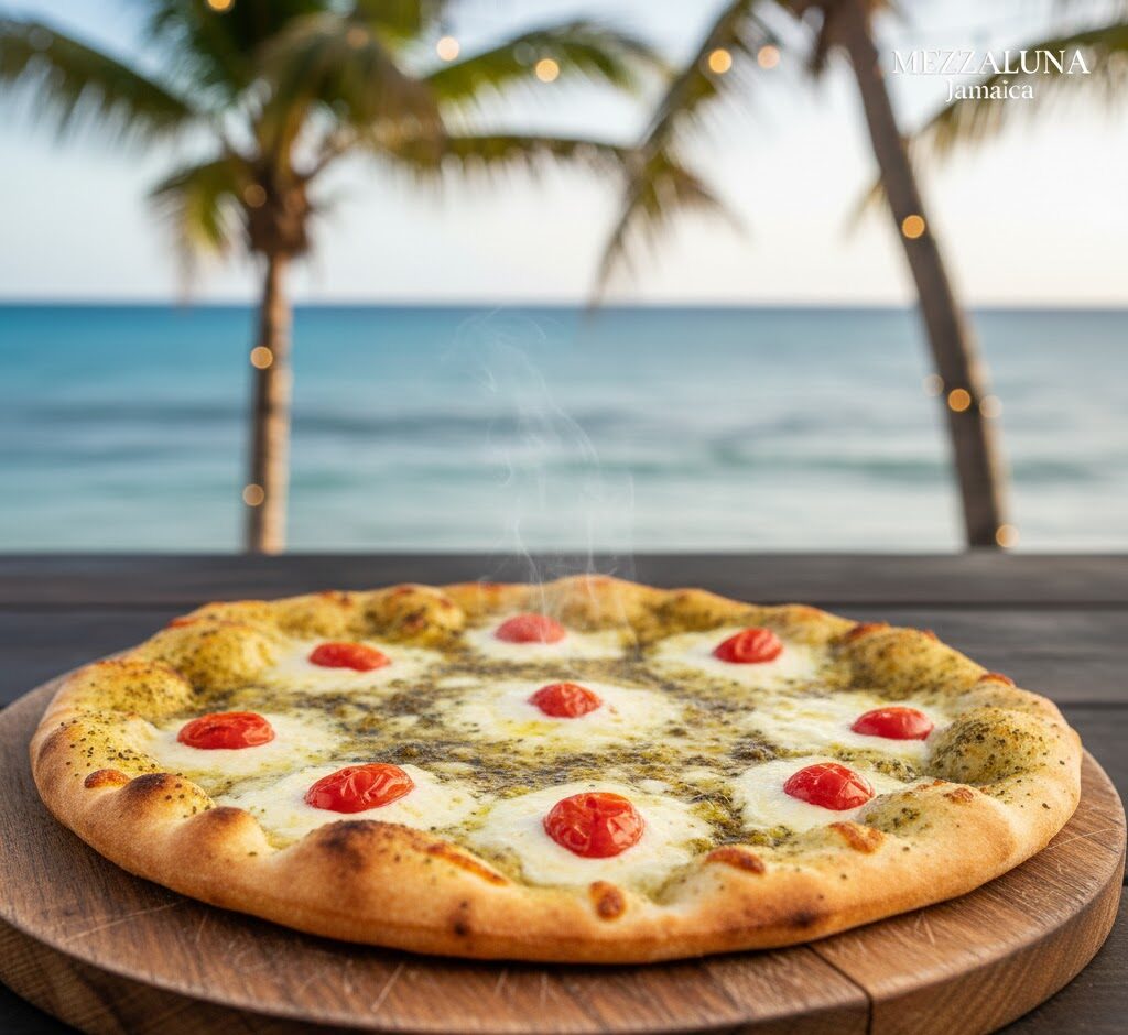 Zaatar flatbread with cheese and tomato served warm at Mezzaluna Jamaica