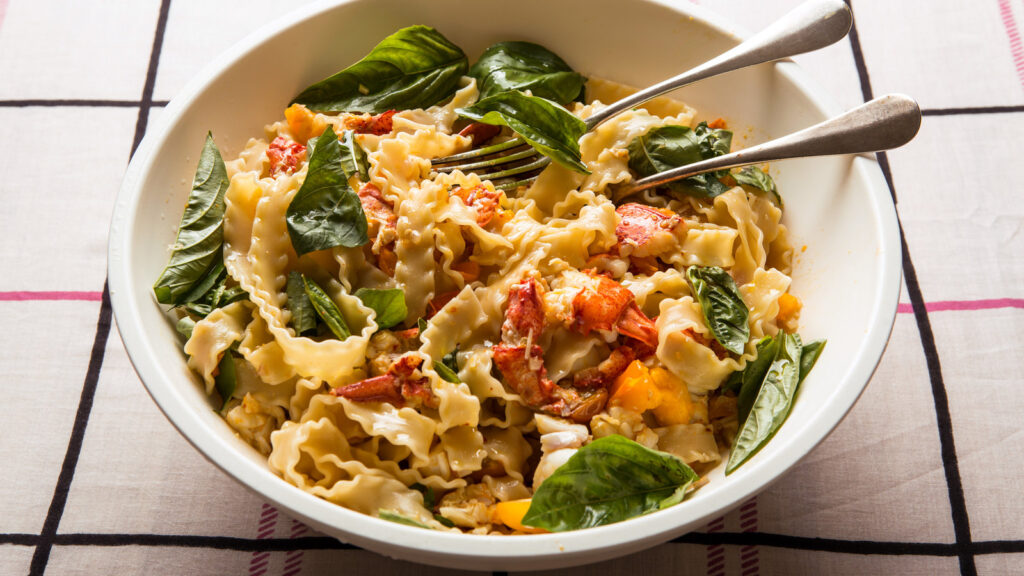 Lobster pasta seasonal Mediterranean style Mezzaluna Jamaica