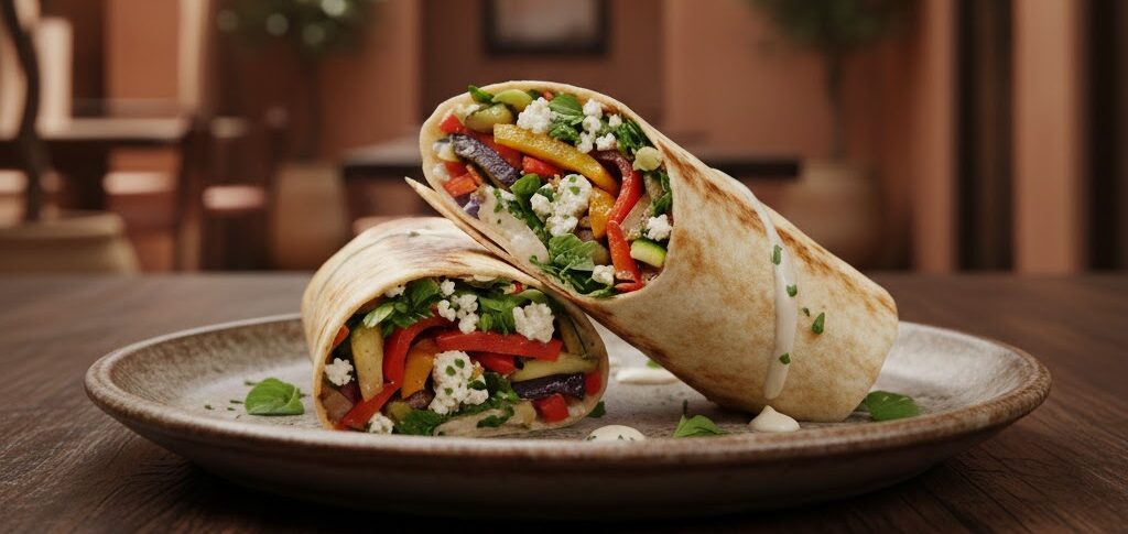 Mezza kafta wrap with grilled vegetables and tahini at Mezzaluna Jamaica